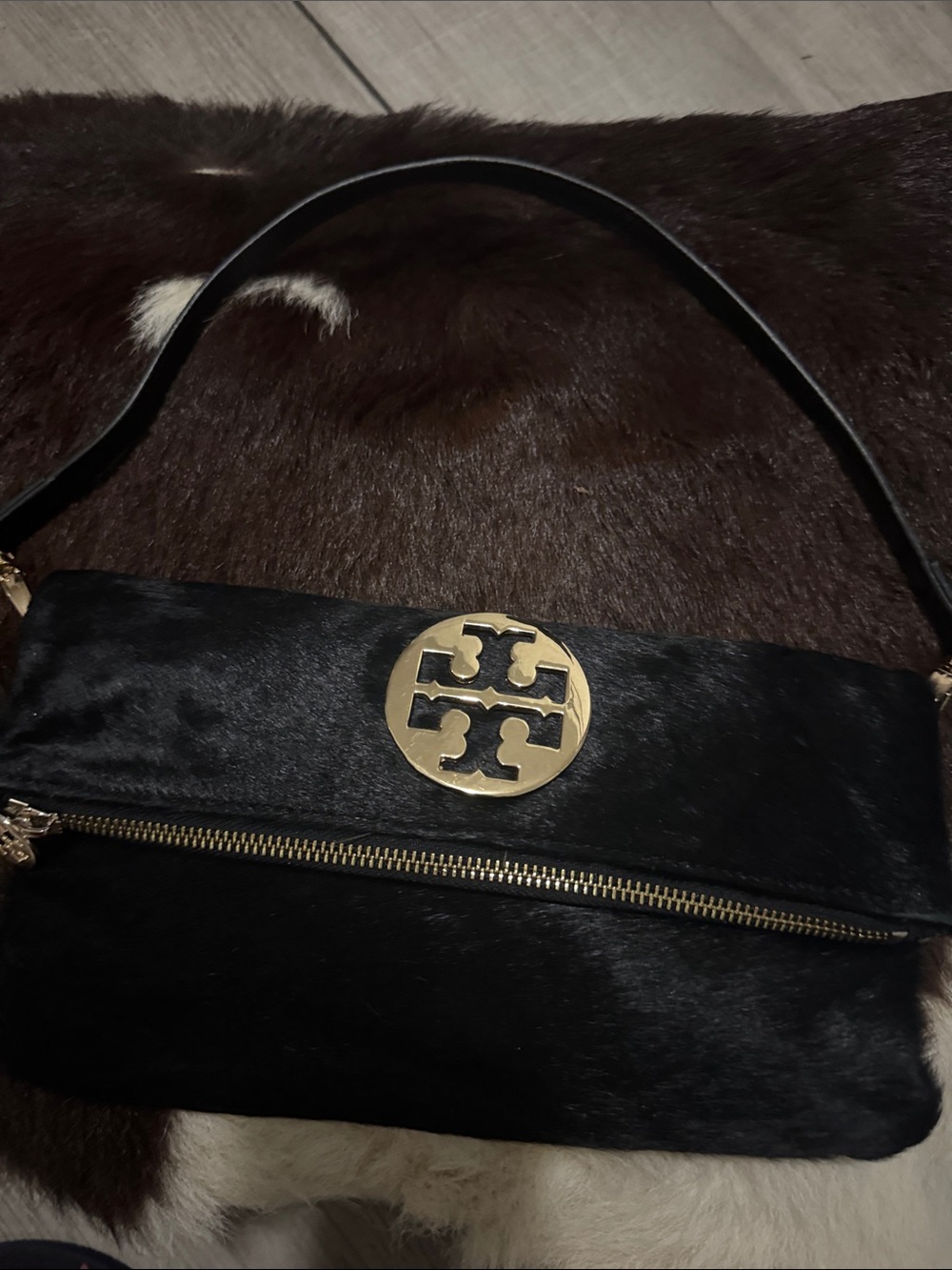 Tory Burch Black Pony Hair Clutch with Gold Logo